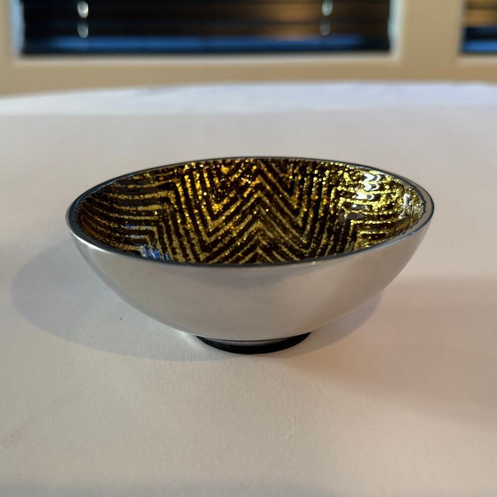 Jodhpuri Handcrafted Silver Aluminum & Gold Bronzel Chevron Mini Decor Bowl